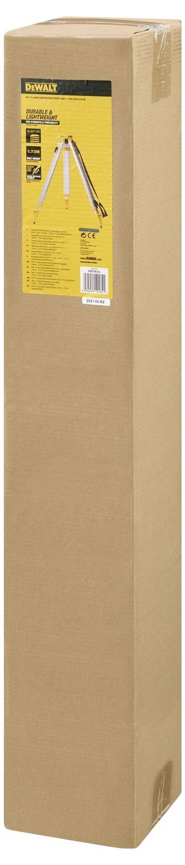 Eine hohe, braune Verpackungsschachtel mit einem gelben Etikett zeigt ein Bild und Informationen über ein DEWALT-Gerüst.