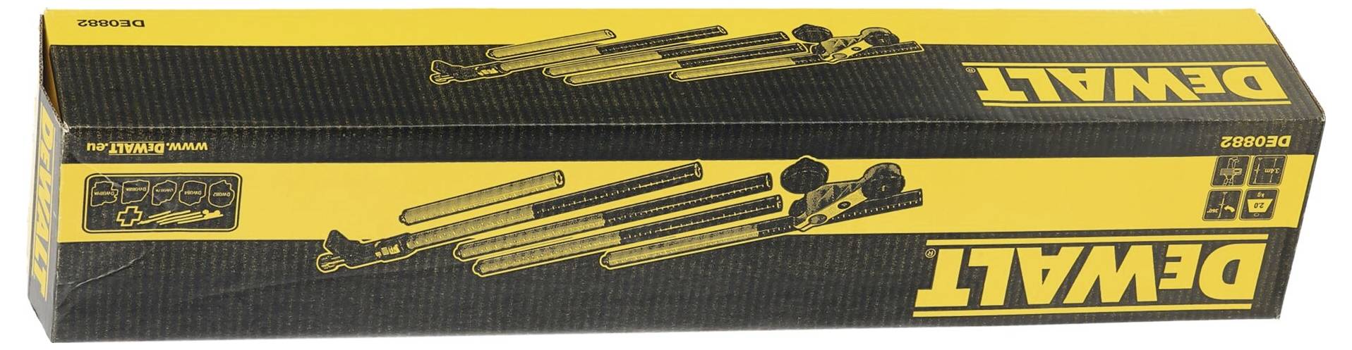 'Dewalt' Werkzeug-Satzverpackung in gelb und schwarz. Enthält Abbildungen von Werkzeugen und die Produktnummer 'DW2282'.
