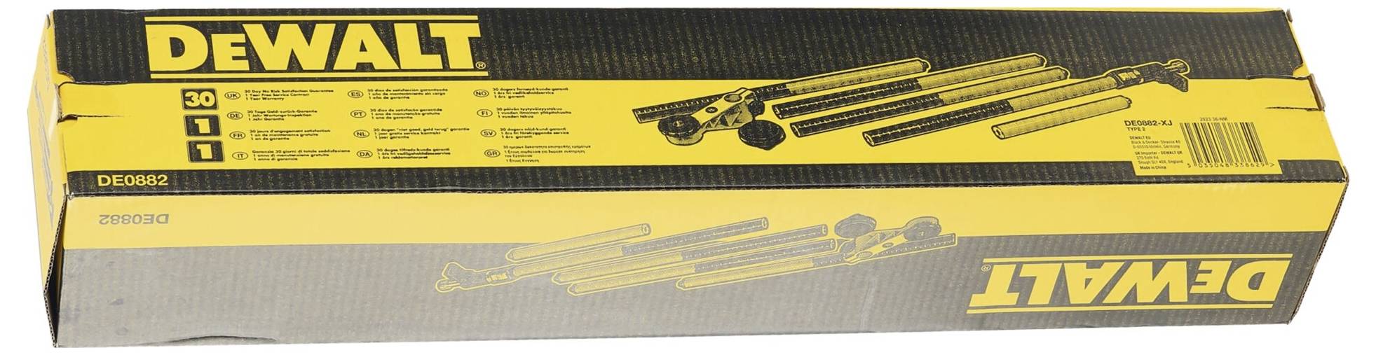 Gelbe DeWALT-Werkzeugverpackung mit schwarzem Text und Bild eines Werkzeugs auf dem Karton.