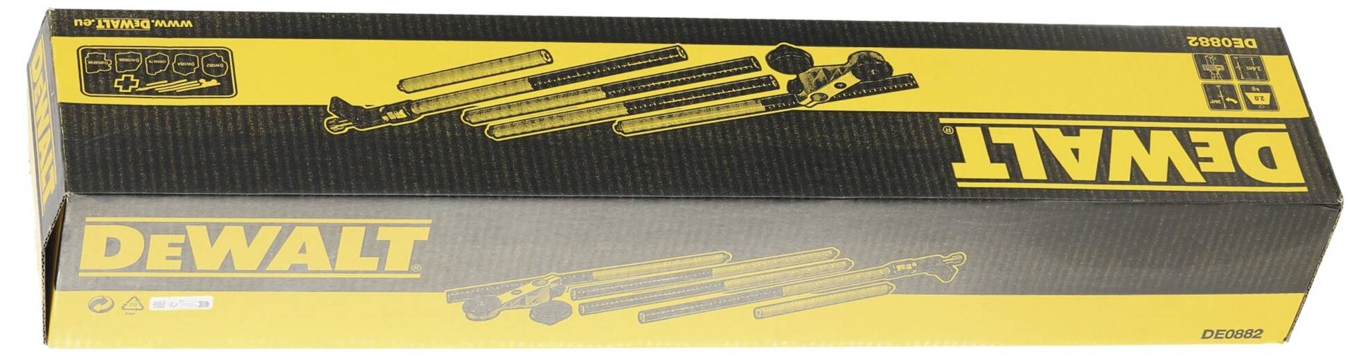 Verpackungskarton mit gelbem und schwarzem Design der Marke DEWALT, zeigt verschiedene Werkzeuge und Zubehörteile.