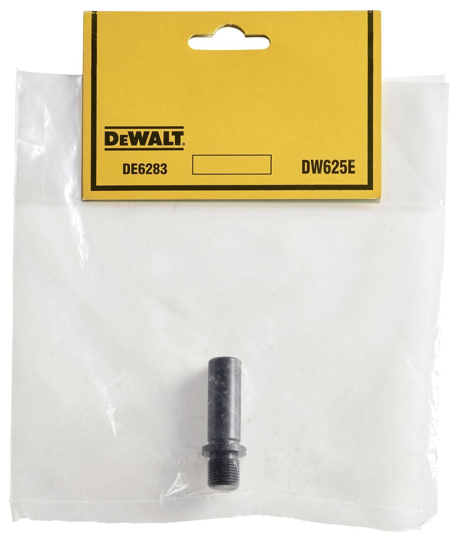 Eine DeWalt-Ersatzteilverpackung mit der Aufschrift 'DE6283' und 'DW625E'. Enthält ein kleines schwarzes Bauteil, möglicherweise ein Adapter.