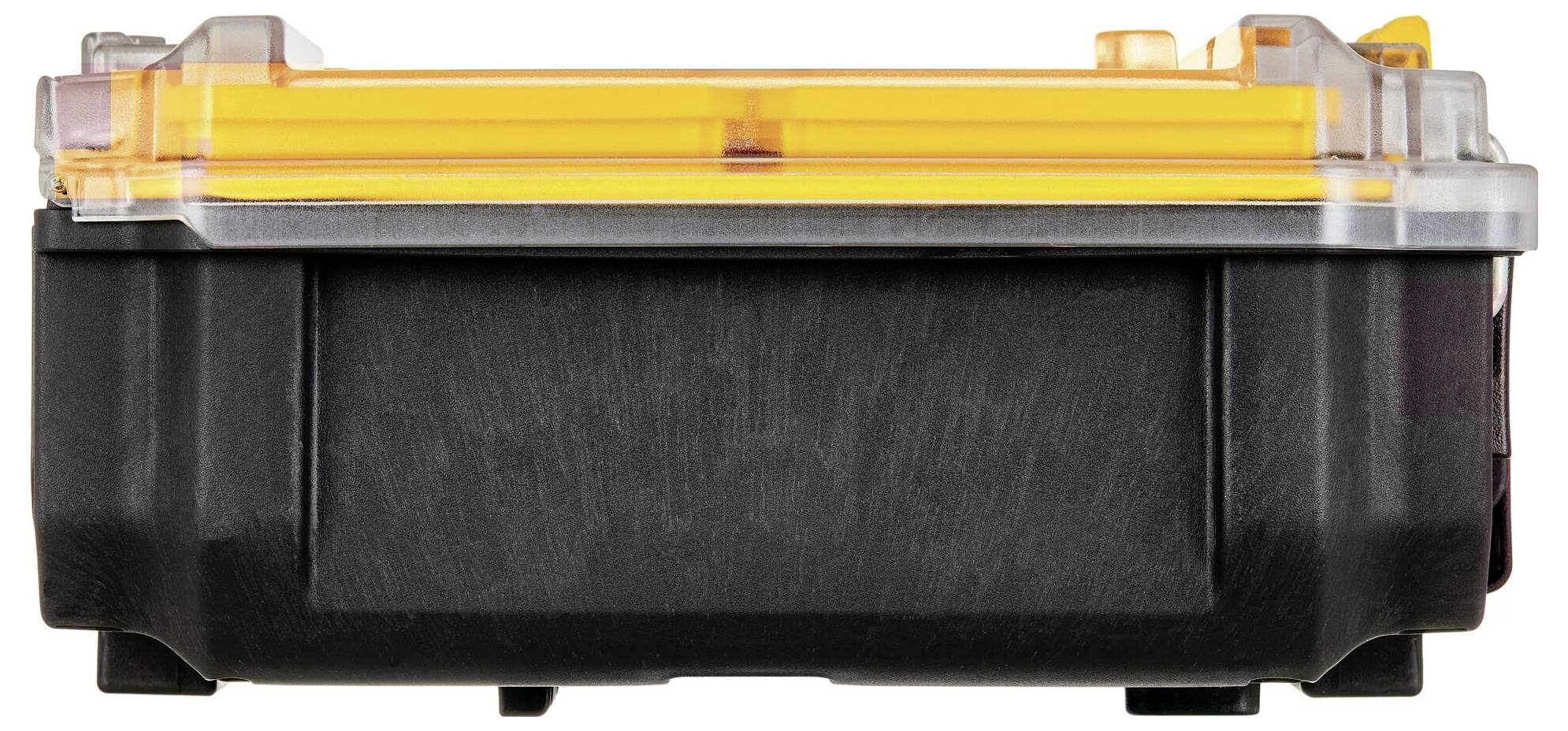 Eine robuste, rechteckige, schwarze Box mit transparentem gelbem Deckel, die zur Lagerung kleiner Gegenstände verwendet werden könnte.