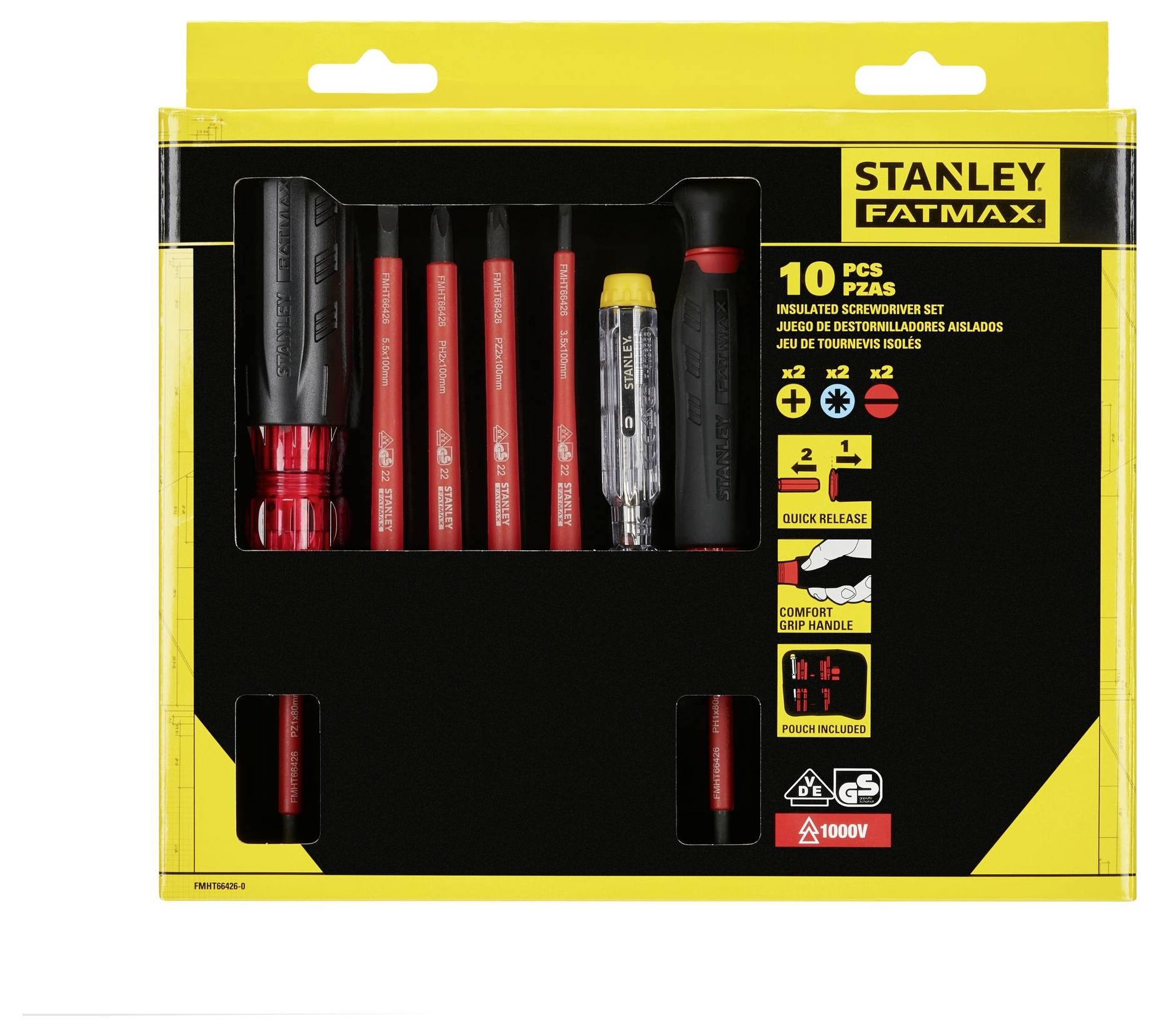 'STANLEY FATMAX' Isolierter Schraubendreher-Set, 10-teilig. Enthält verschiedene Schraubendreher, geeignet für Elektronikarbeiten bis 1000V. Ansprechend in gelb-schwarzer Verpackung.