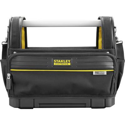 Eine schwarze Werkzeugtasche mit einem Aluminiumgriff, gelben Akzenten und Reißverschlüssen. Trägt das Logo 'Stanley Fatmax Prostack'.