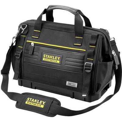 Schwarze Werkzeugtasche mit gelben Akzenten und 'Stanley Fatmax'-Logo, robustes Design, verstellbarer Schulterriemen, Reißverschlüsse.
