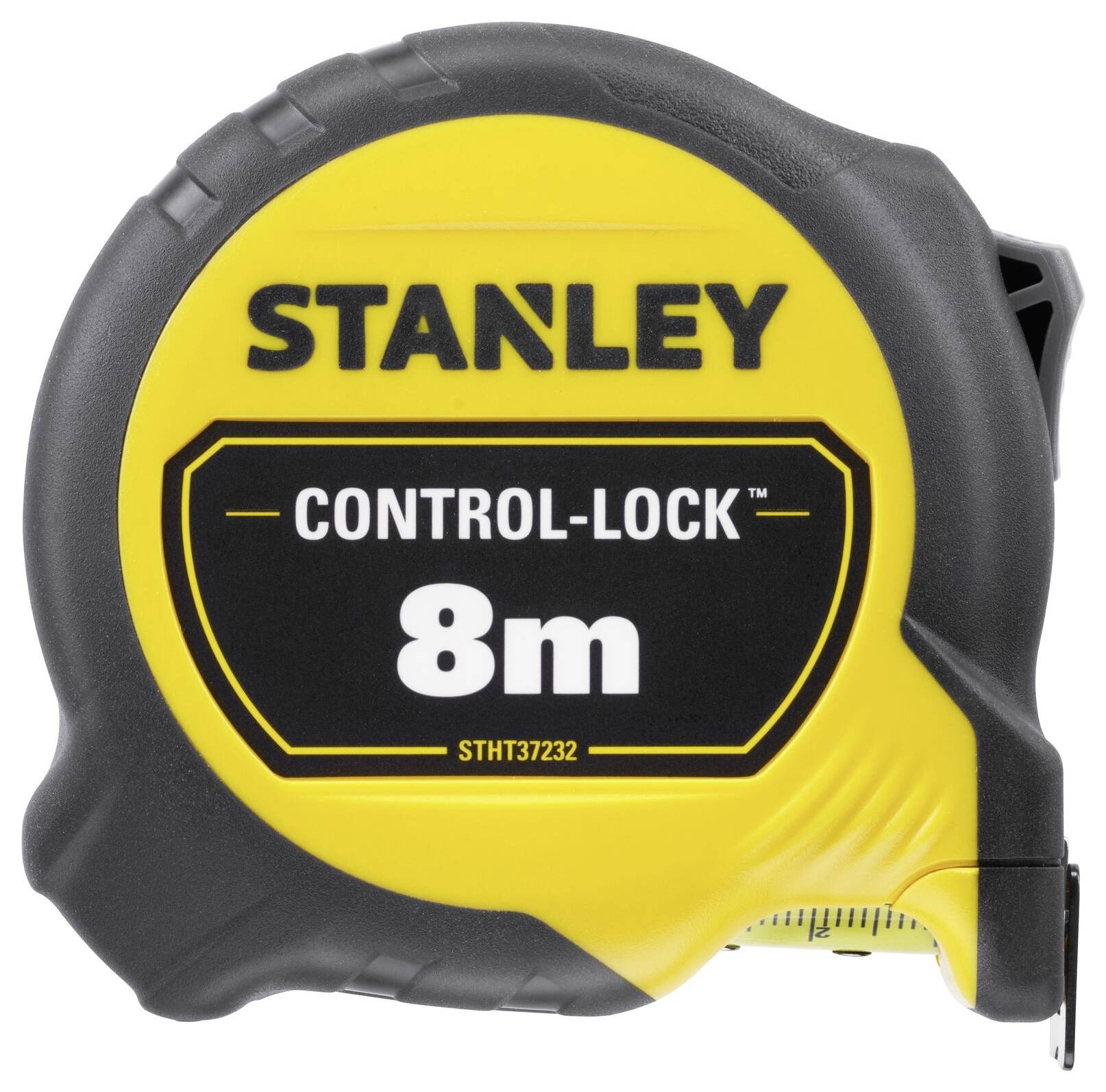 Gelbes und schwarzes Maßband mit der Aufschrift 'Stanley Control-Lock 8m'.