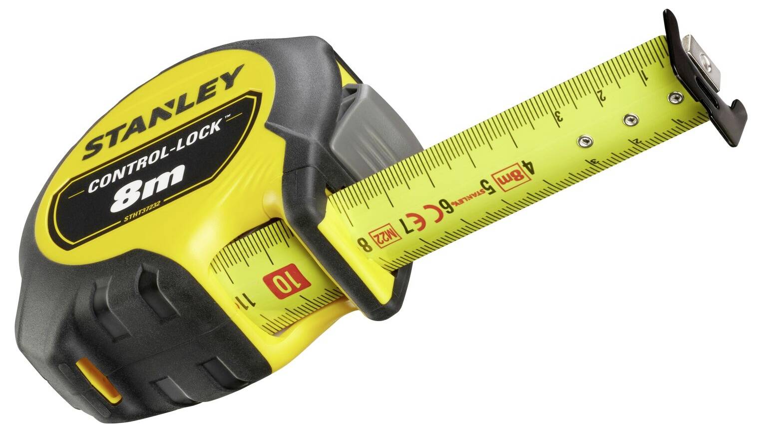 Gelbes und schwarzes Maßband der Marke Stanley, ausgezogen auf etwa 1 Meter. Maßangaben sind gut lesbar.