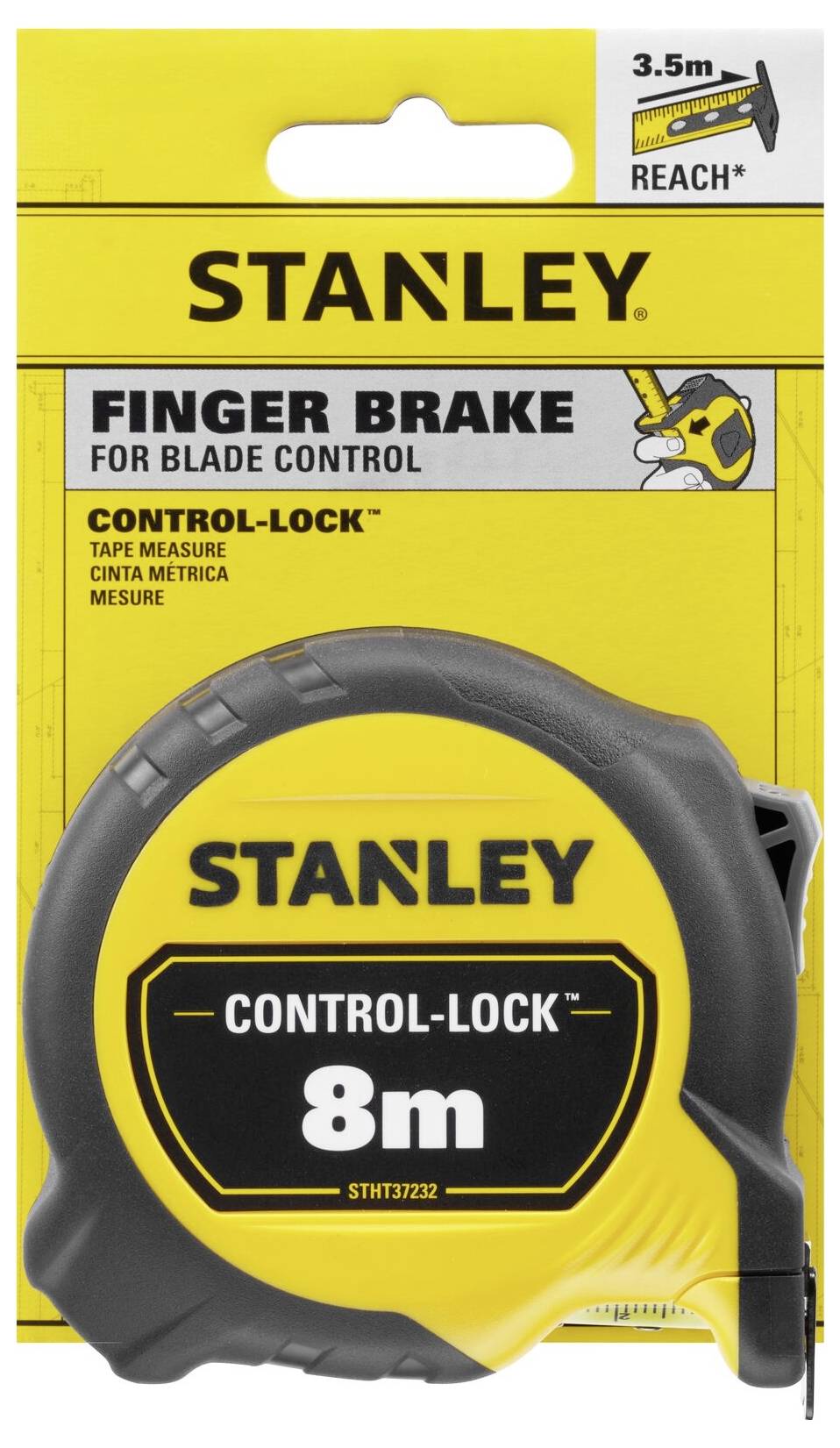 'Stanley' Maßband mit 'Control-Lock', 8 Meter Länge. Gelb und schwarz, für präzise Messungen. Verpackung zeigt Produktbild und Funktionen.
