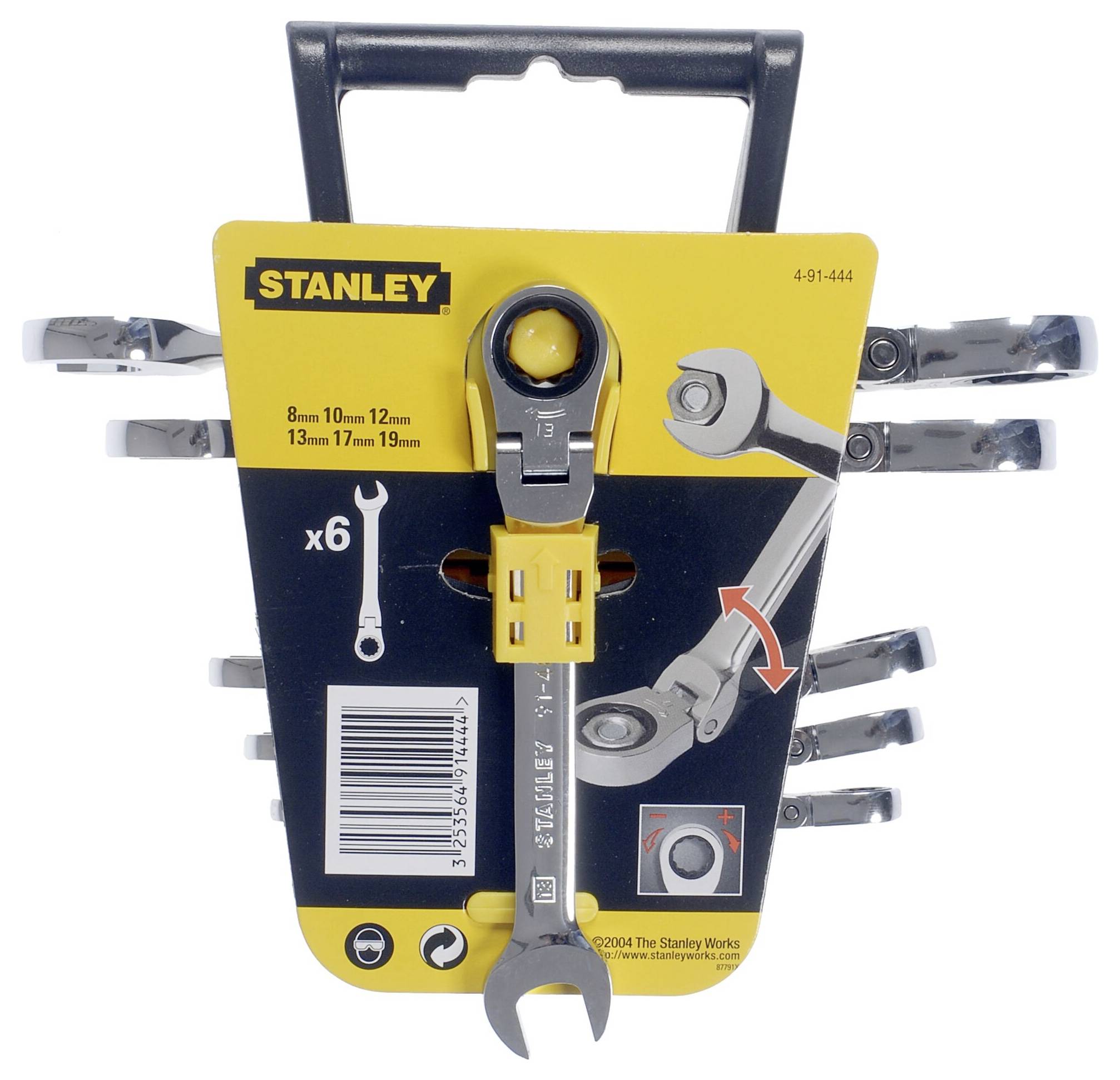 Ein Satz Ringmaul-Ratschenschlüssel mit gelber Verpackung, auf der sechs Schlüsselgrößen (8 mm bis 19 mm) angezeigt werden.