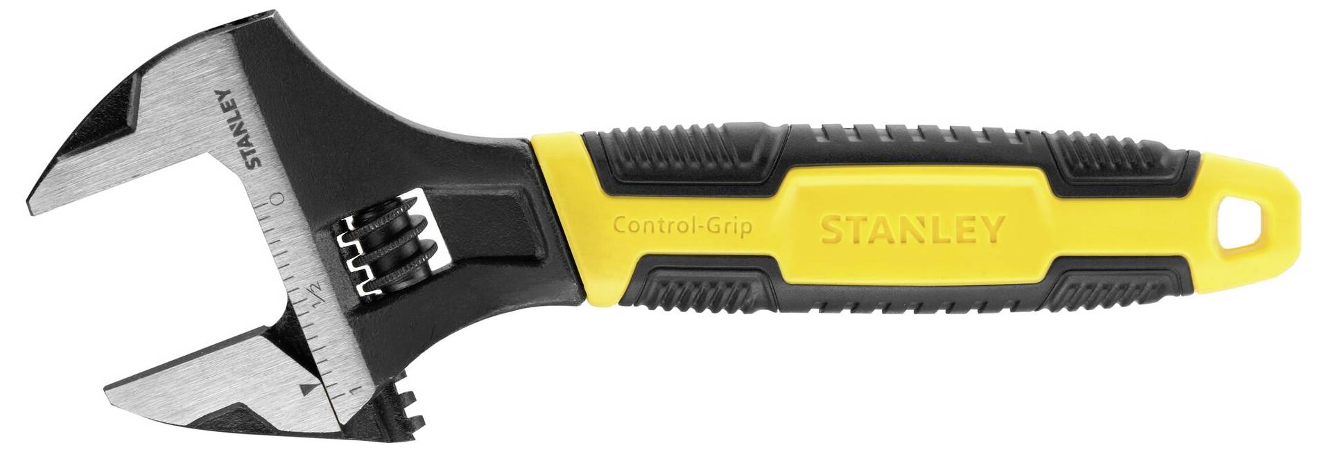 Gelber und schwarzer verstellbarer Schraubenschlüssel mit Skala und 'Control-Grip'-Markierung, für den Einsatz in handwerklichen Arbeiten.