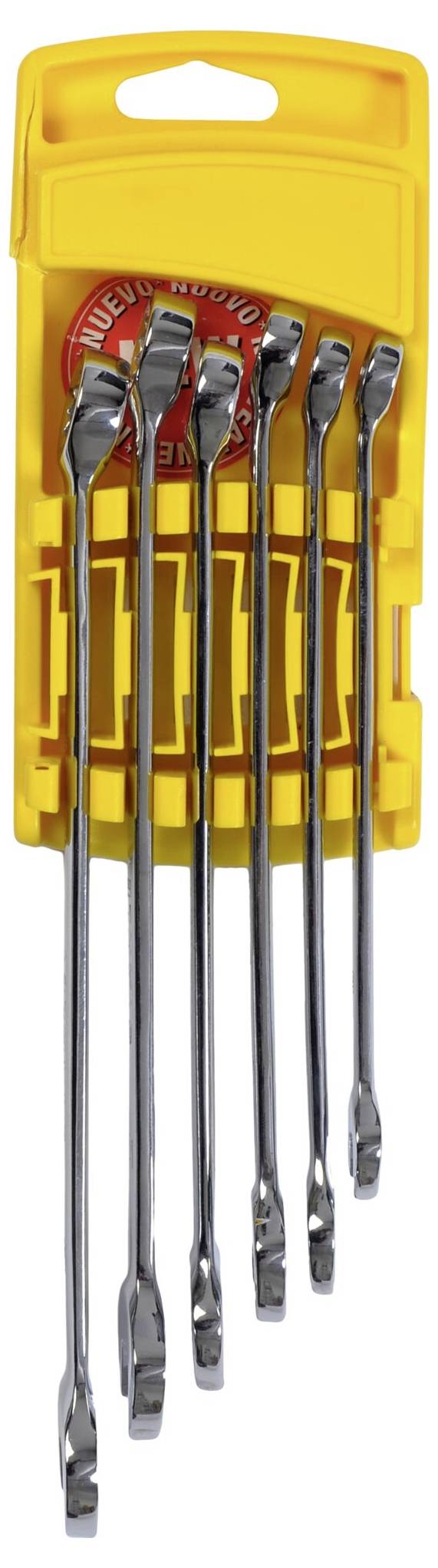 Ein Set aus sechs Metallhebelwerkzeugen in einem gelben Kunststoffhalter, verwendet zum Öffnen von Gehäusen oder Hebeln von Teilen.