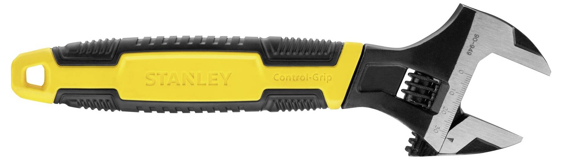 Verstellbarer Schraubenschlüssel mit gelbem und schwarzem Griff, Markenname 'STANLEY', liegt auf einer weißen Oberfläche.