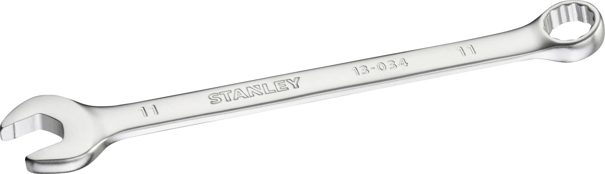 Ein silberner Doppelmaulschlüssel mit offenen und geschlossenen Enden, jeweils der Größe 11, von der Marke STANLEY.
