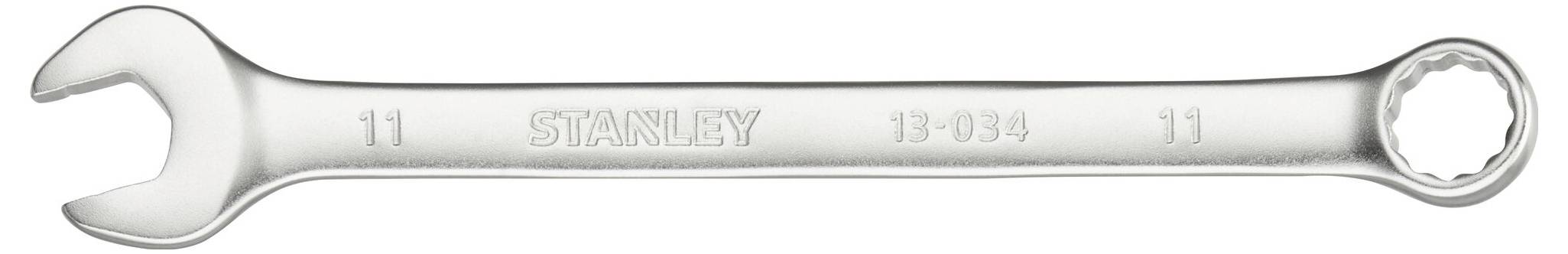 Ein silberner Doppelmaulschlüssel mit offener und geschlossener Seite. Aufschrift 'STANLEY' und '11'. Verwendet zum Festziehen von Schrauben.