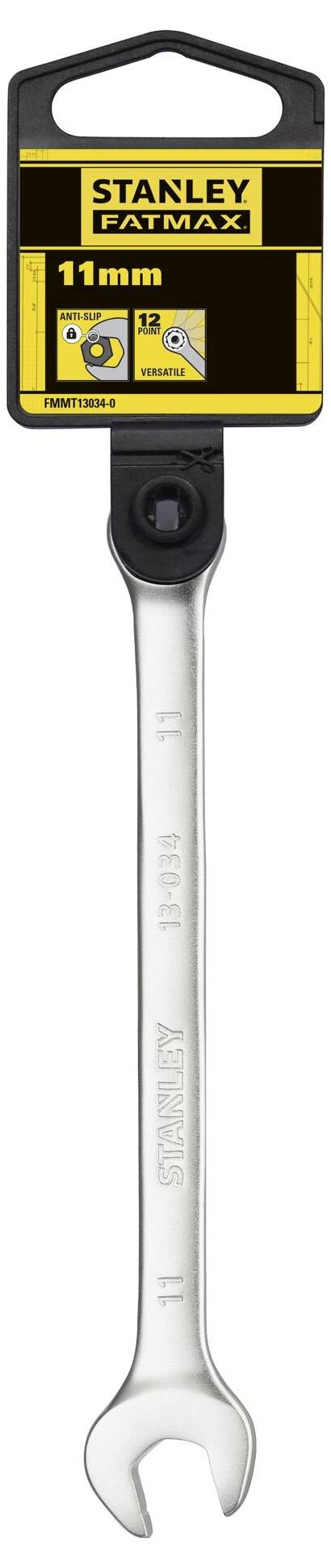 Ein 11-mm-Schraubenschlüssel von Stanley FatMax mit einer Halbkreisform an einem Ende und einer geschlossenen, runden Öffnung am anderen Ende.