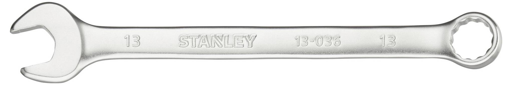 Ein silberner Gabel-Ringschlüssel der Marke 'Stanley' mit der Größe '13'.