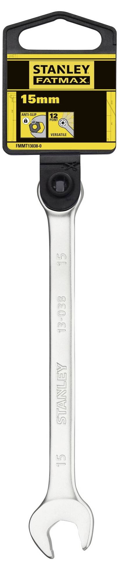 Ein Stanley FatMax Schraubenschlüssel mit 15 mm Größe, verpackt auf einer schwarzen und gelben Karte.