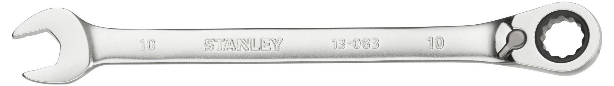 Ein silberner Ringschlüssel mit eingraviertem 'STANLEY 13-683'. Auf der linken Seite ist ein Maulschlüssel, rechts ein Ringschlüssel.