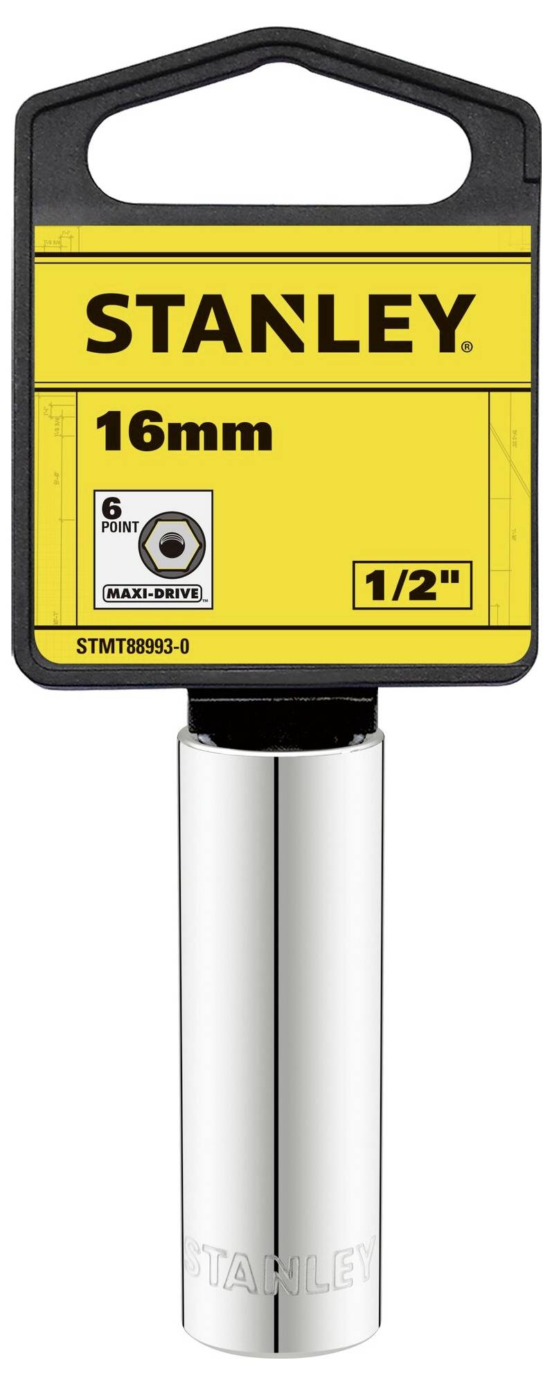 Steckschlüsseleinsatz von Stanley mit 16 mm Größe und 1/2 Zoll Anschluss. Gezeigt in einer gelben Verpackung mit schwarzem Rand.