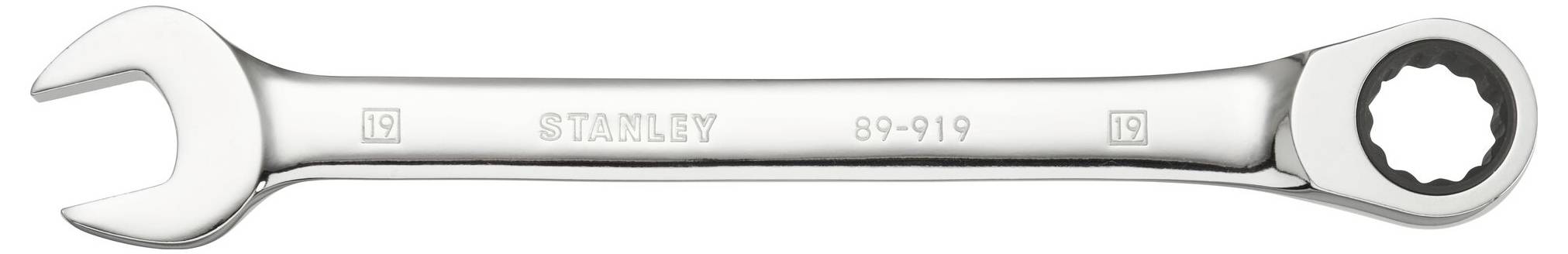 Ein silberner Gabel-Ringschlüssel der Marke Stanley mit der Modellnummer 89-919 in der Mitte des Schlüssels eingeprägt.