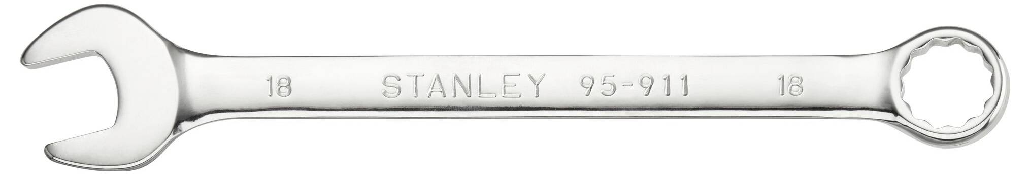 Ein verstellbarer Schraubenschlüssel aus Metall mit 'STANLEY 95-911' Gravur und Größenmarkierung 18 auf beiden Seiten.