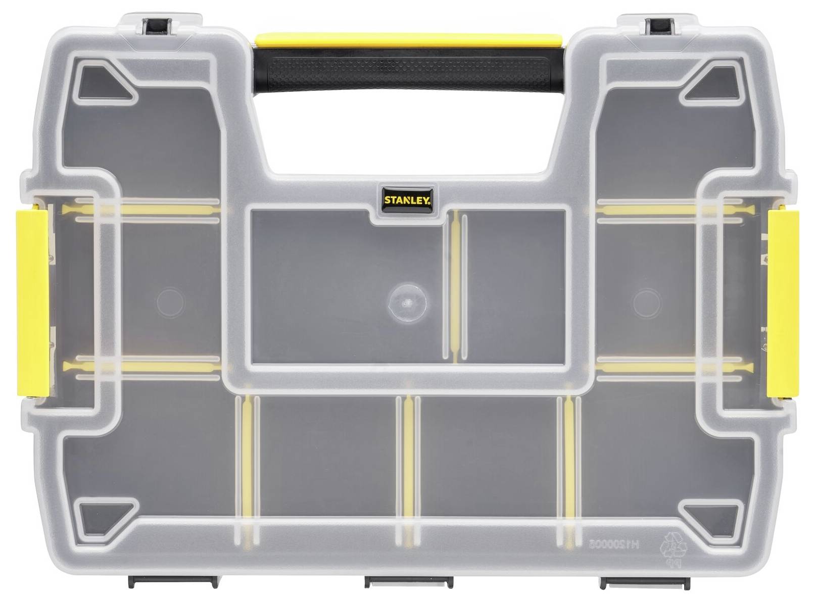 Transparente, robuste Werkzeugbox mit gelbem Griff und verstellbaren Fächern zur organisierten Aufbewahrung von Kleinteilen.