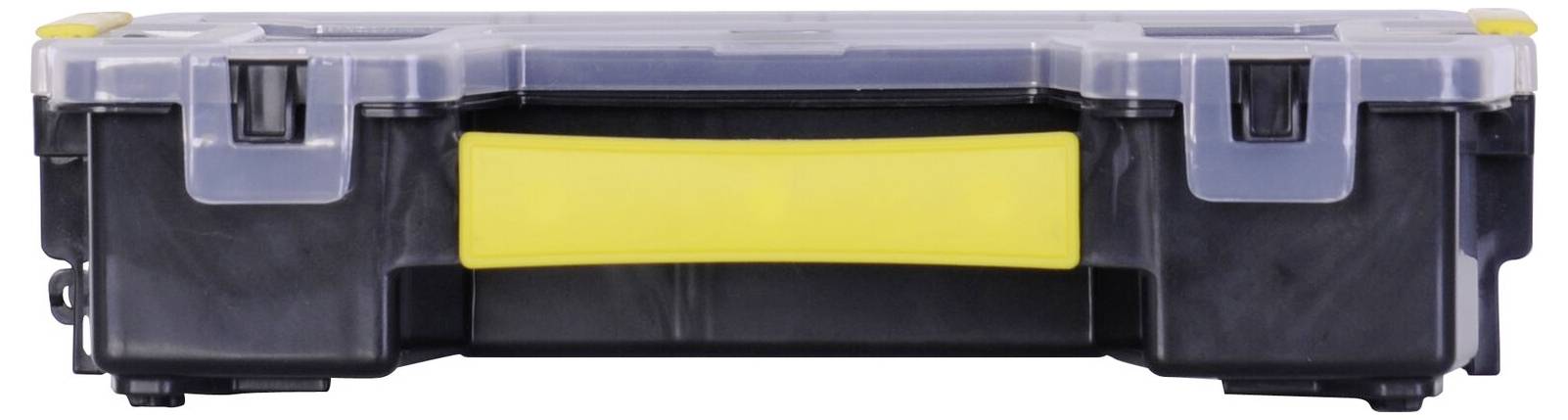 Schwarzer Werkzeugkasten mit gelbem Griff und transparentem Deckel.