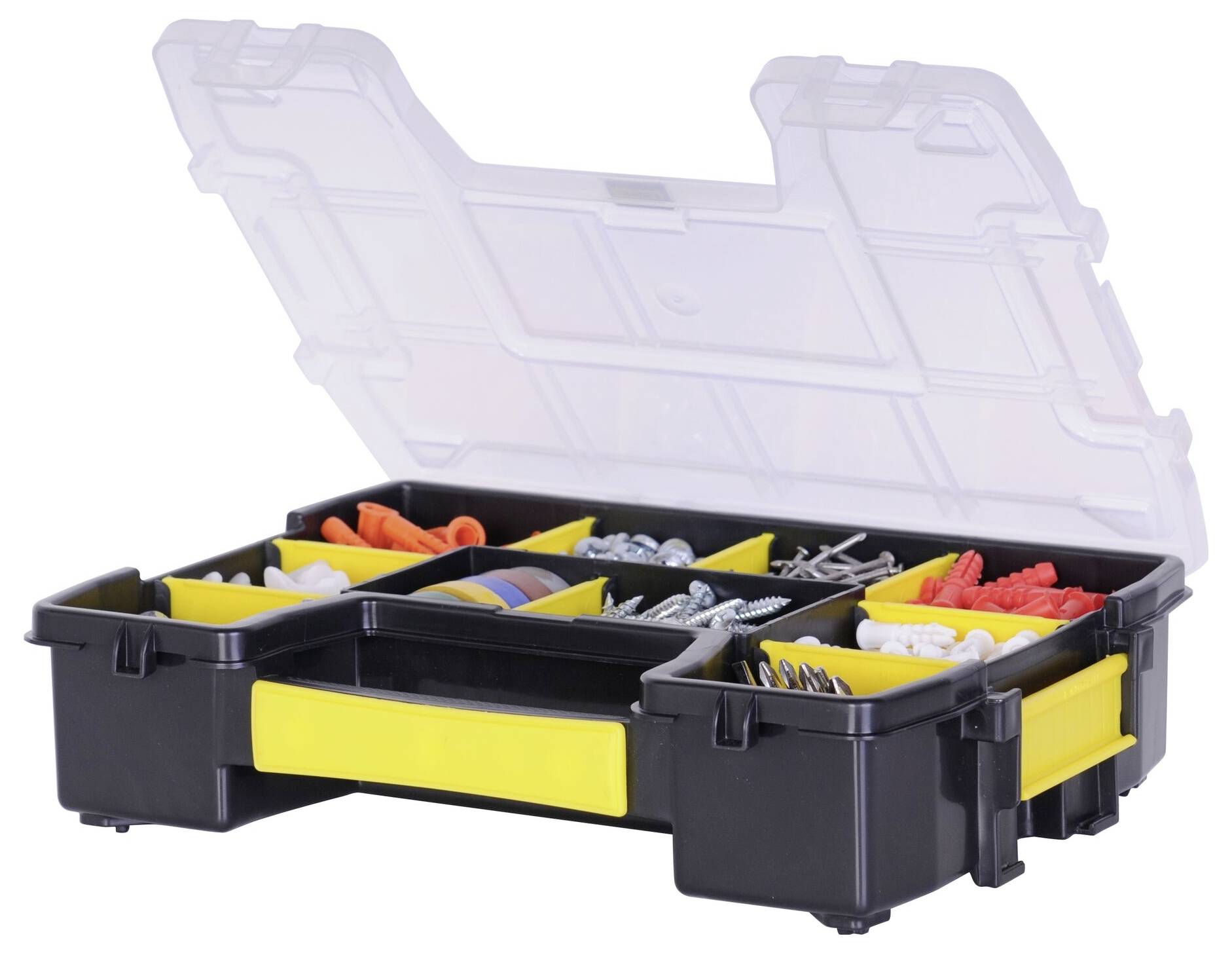 Geöffneter Organizer mit transparentem Deckel, gefüllt mit Schrauben, Dübeln und anderem Kleinmaterial.