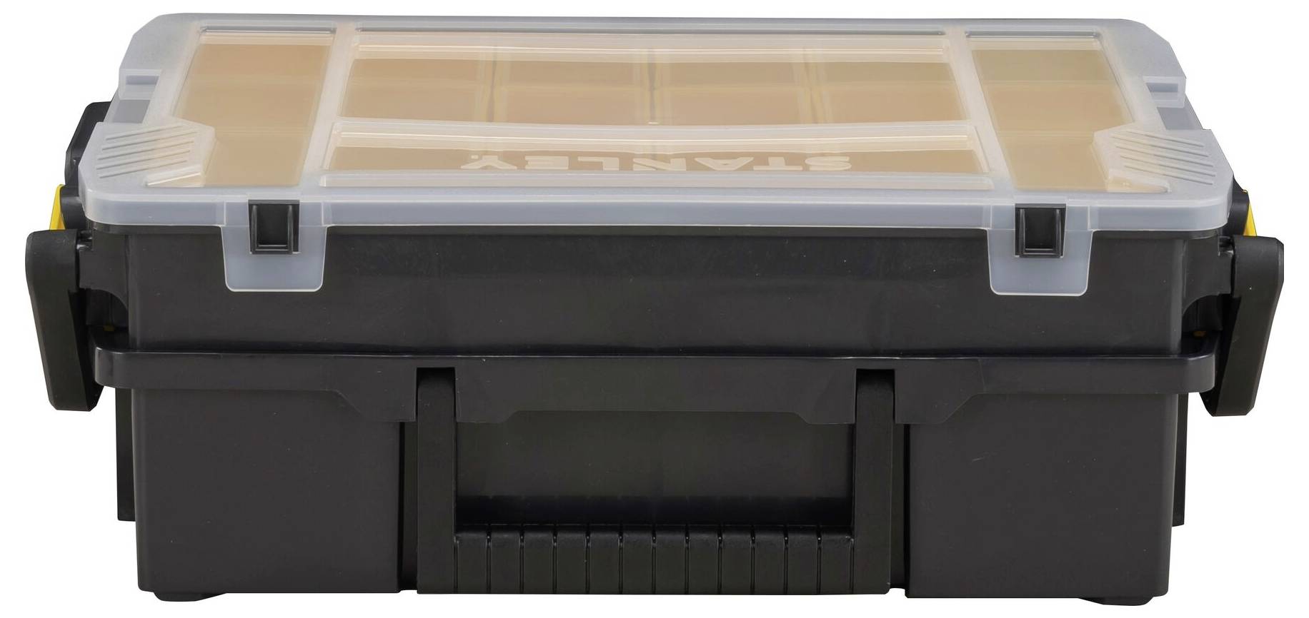 Schwarze Werkzeugbox mit transparentem Deckel und gelbem Schriftzug der Marke. Sie hat einen Tragegriff und Verschlussklammern an den Seiten.