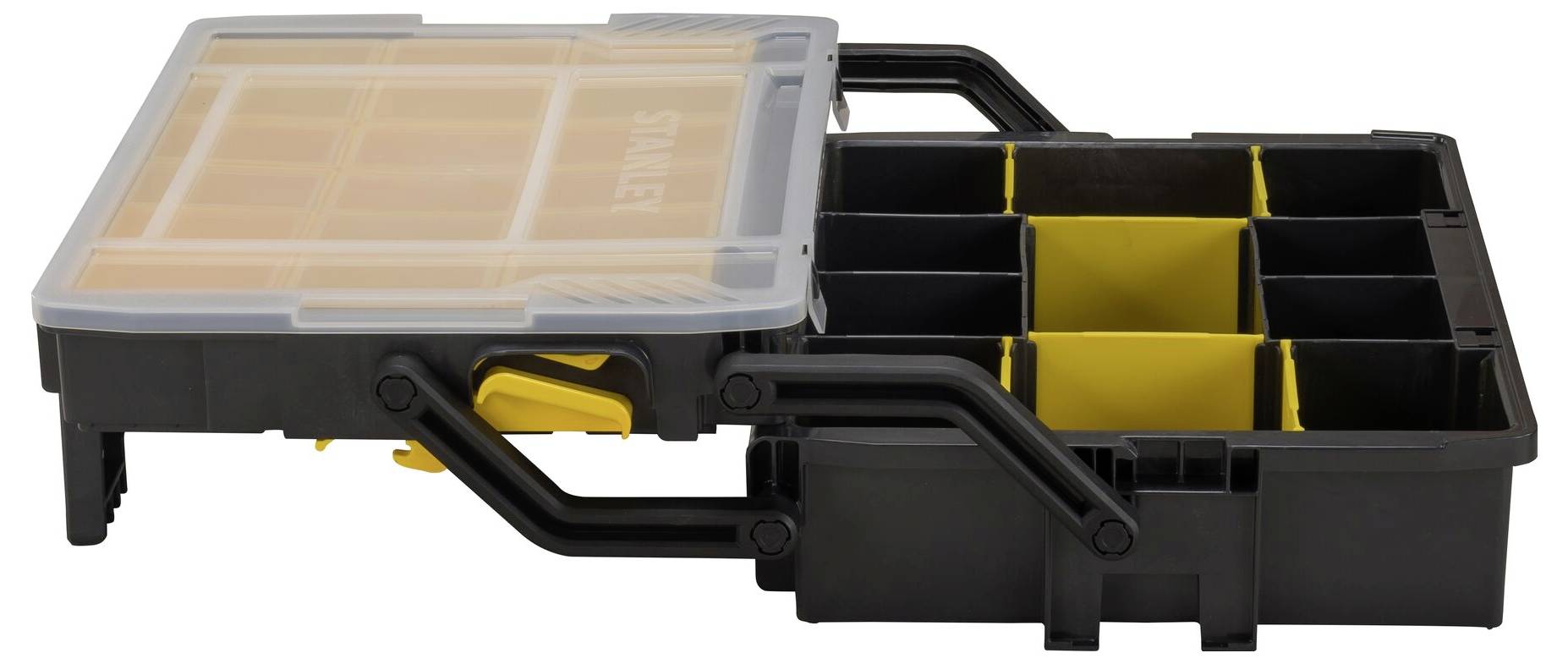 Schwarzer und gelber Werkzeugkasten mit transparentem Deckel, herausnehmbaren Fächern und Tragegriff, geöffnet zur Aufbewahrung.