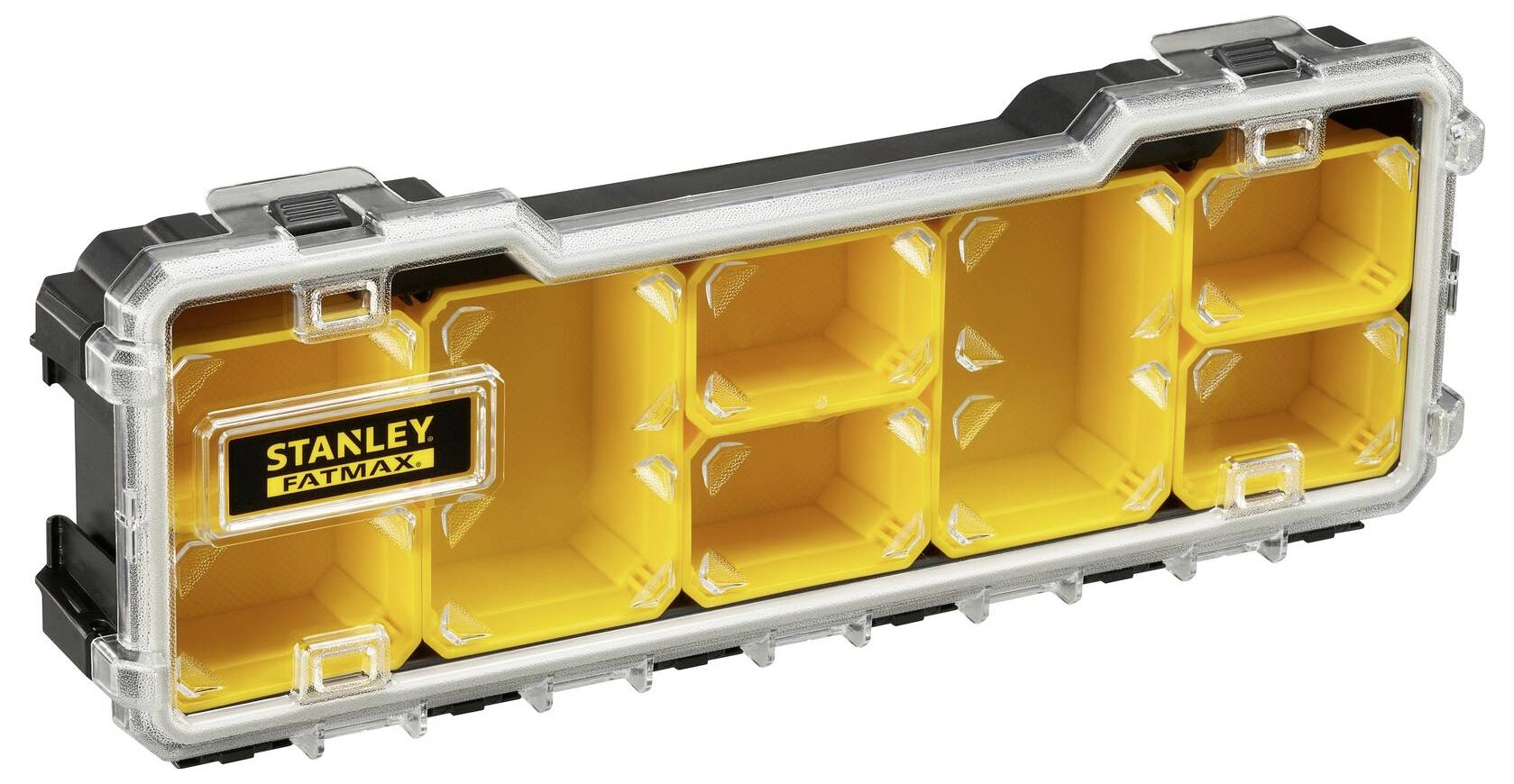Transparente Aufbewahrungsbox mit fünf gelben Fächern, label 'Stanley Fatmax'. Ideal zur Organisation von kleinen Werkzeugen oder Teilen.