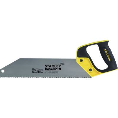 'Mittelgroße Handsäge mit gelbem Griff und schwarzem Schriftzug STANLEY FATMAX PVC Saw auf der Klinge. Geeignet für PVC-Schnitte.'