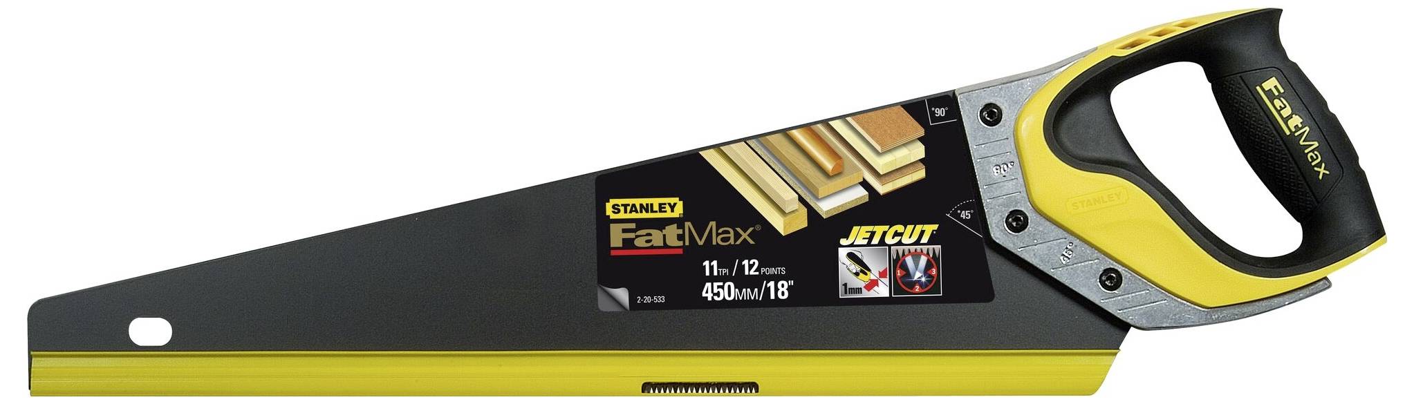 Handsäge von Stanley FatMax JetCut, 450 mm lang, gelb-schwarzer Griff, geeignet für verschiedene Schneidarbeiten.