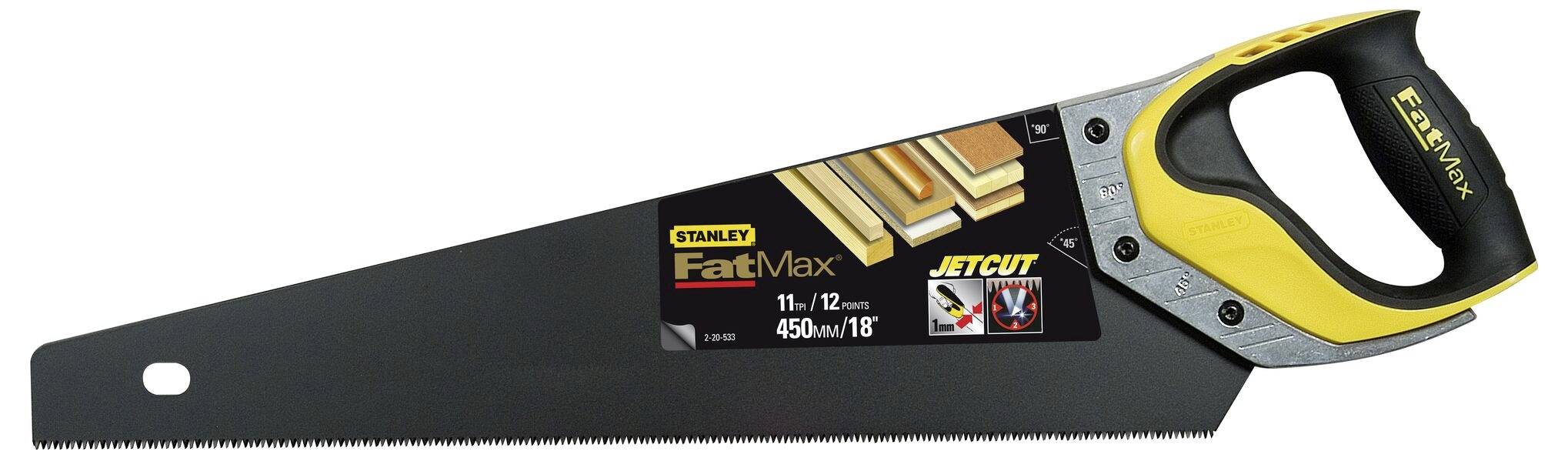 Handsäge mit ergonomischem Griff und gelber Akzentfarbe, Markenname 'Stanley FatMax'. Geeignet für präzises Schneiden von Holz.