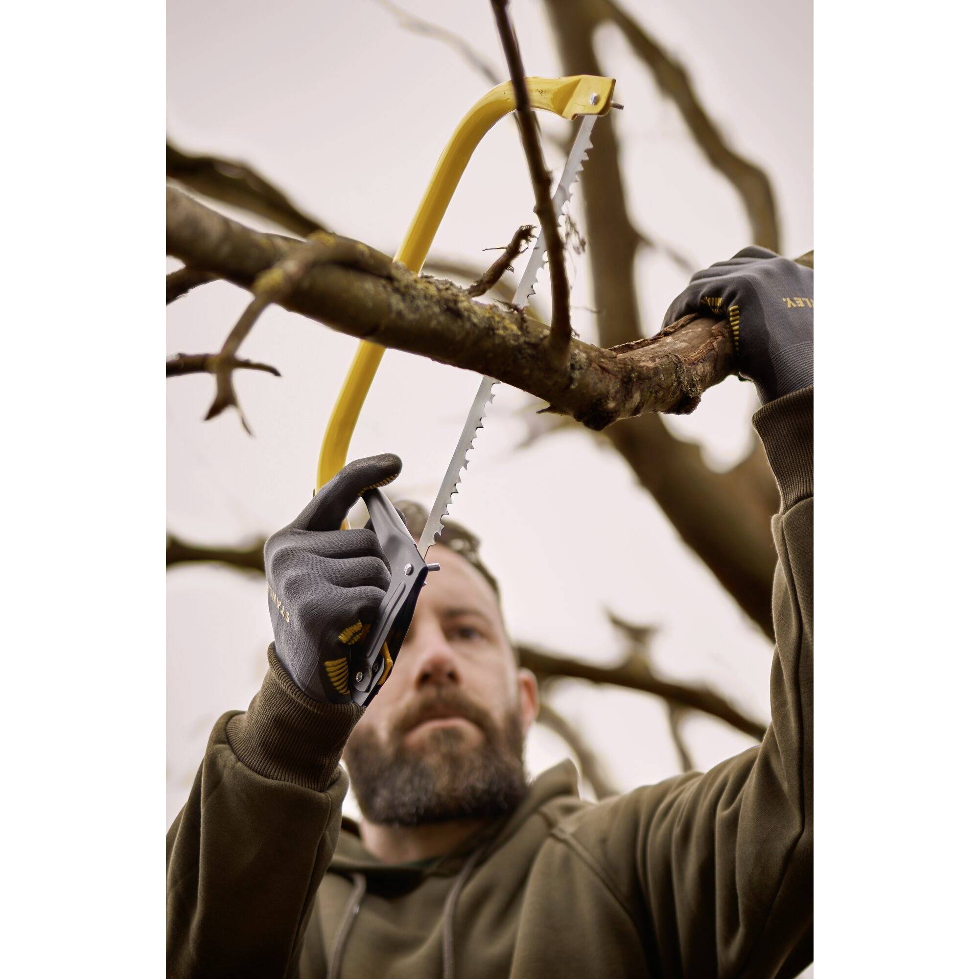 Ein Mann schneidet mit einer Handsäge einen Ast von einem Baum. Er trägt Handschuhe und einen Hoodie. Der Hintergrund ist unscharf.