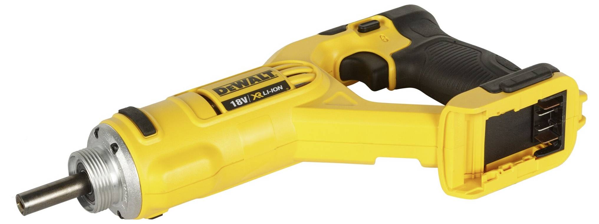 Ein gelber, kabelloser DeWalt Heißluftfön ohne Akku, mit schwarzem Griff und Metaldüse, für Bau- und Heimwerkerarbeiten geeignet.