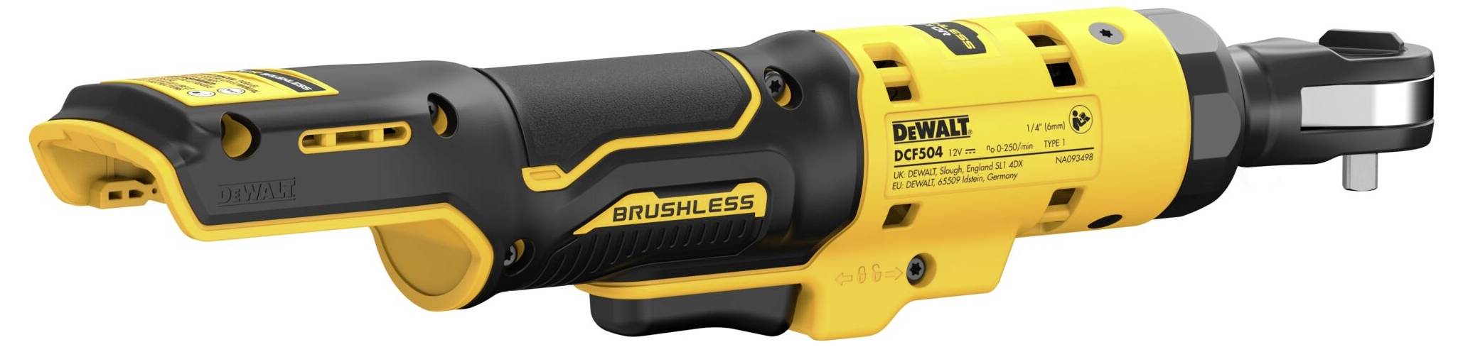 Ein gelber, bürstenloser Winkelschleifer von DEWALT mit schwarzem Griff und LED-Licht, seitlich dargestellt.