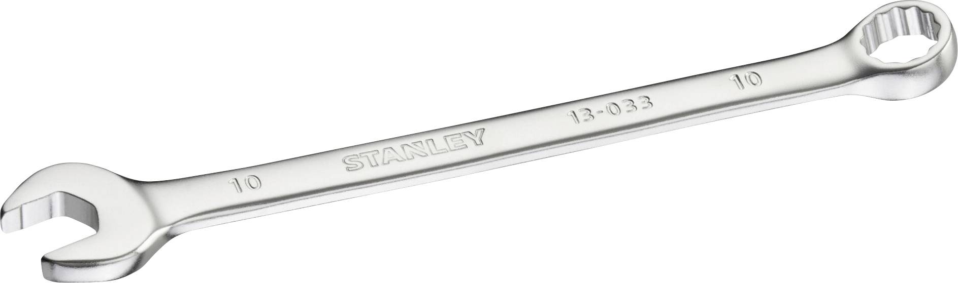 Ein offener Ringschlüssel, Größe 10, mit der Aufschrift 'STANLEY' und der Nummer '13-033', metallic-silber glänzend.