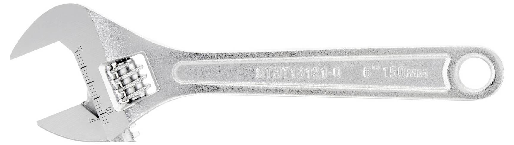 Ein verstellbarer Schraubenschlüssel aus silbernem Metall, auf einem weißen Hintergrund liegend, zeigt seine Skala und Schraube.