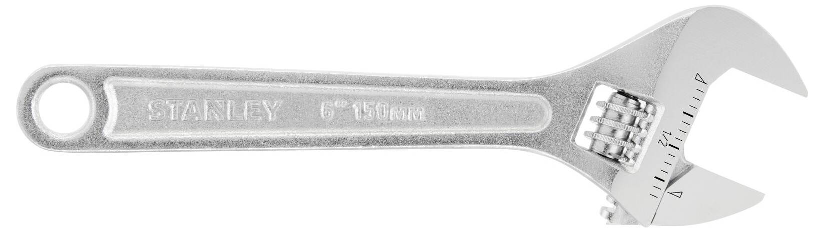 Ein verstellbarer Schraubenschlüssel aus Metall, 150 mm lang, mit Maßangaben. Ideal für unterschiedliche Schraubengrößen.