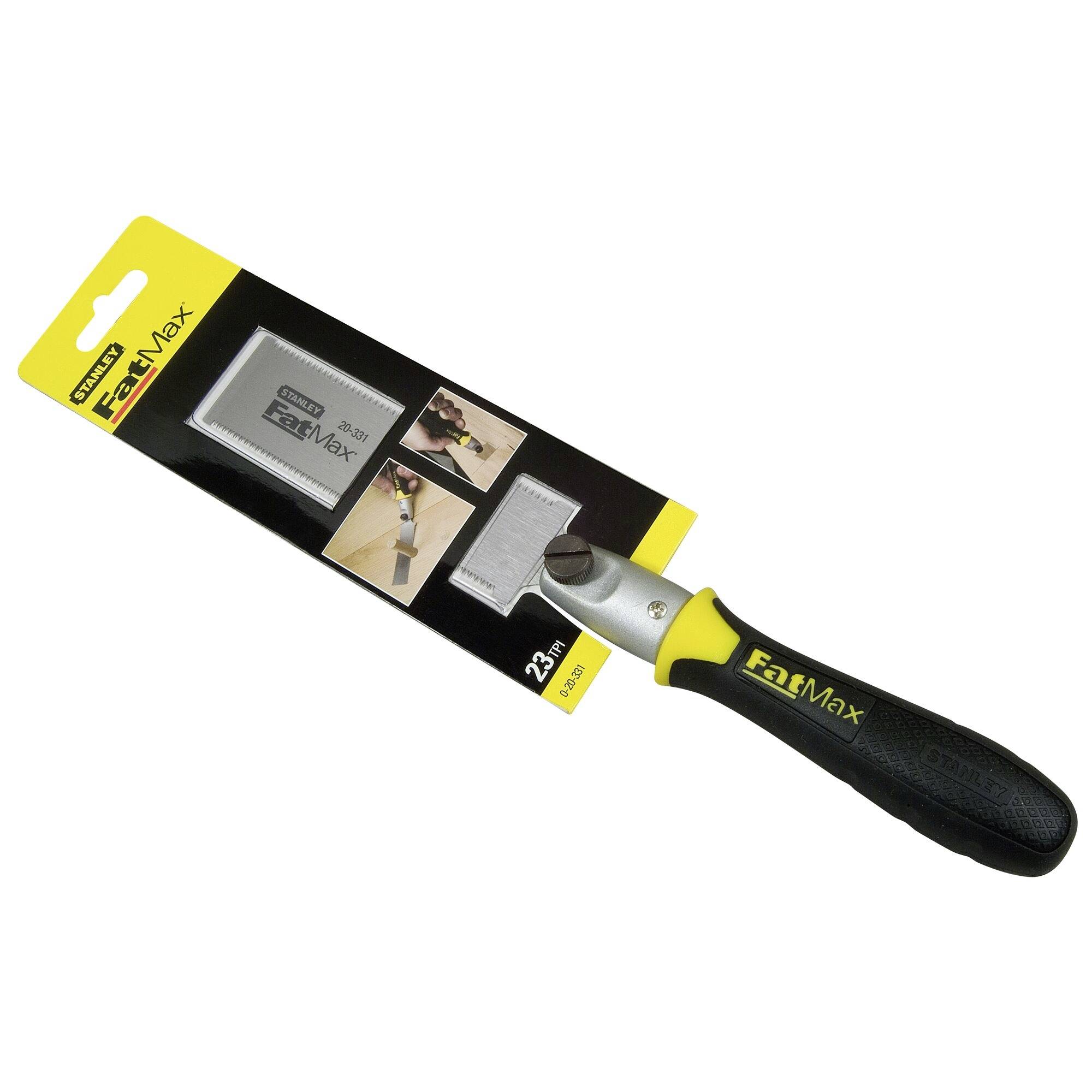 Stanley Bodenhobel mit schwarzem und gelbem Griff, präsentiert in einer gelben Verkaufspackung mit Bildern und Produktdetails.