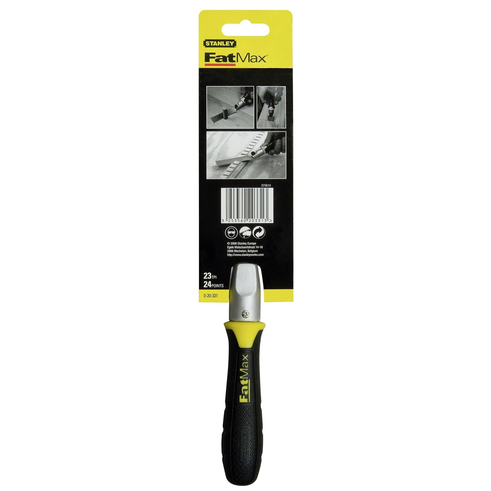 'Diese Beitelnadel ist 23 cm lang und gehört zur Stanley FatMax-Serie. Verpackung zeigt Anwendungsbilder und Produktdetails.'