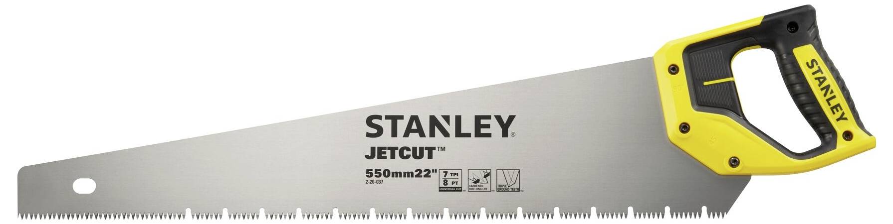 Handsäge mit gelbem Griff und grauer Klinge, markiert mit 'STANLEY JETCUT 550mm 22''.