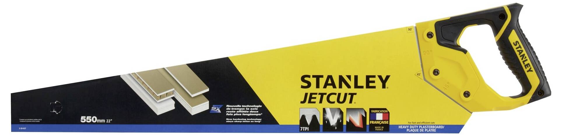 Gelbe Handsäge 'STANLEY JETCUT' mit schwarzem Griff und 550-mm-Klinge, geeignet für Holzarbeiten.