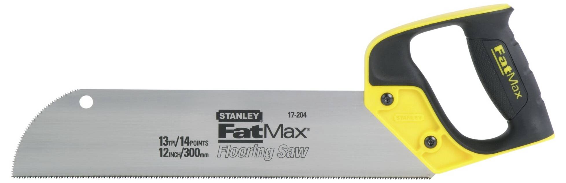 Handsäge 'FatMax Flooring Saw' mit gelbem Griff und silbernem Sägeblatt. Ideal zum Schneiden von Fußböden.