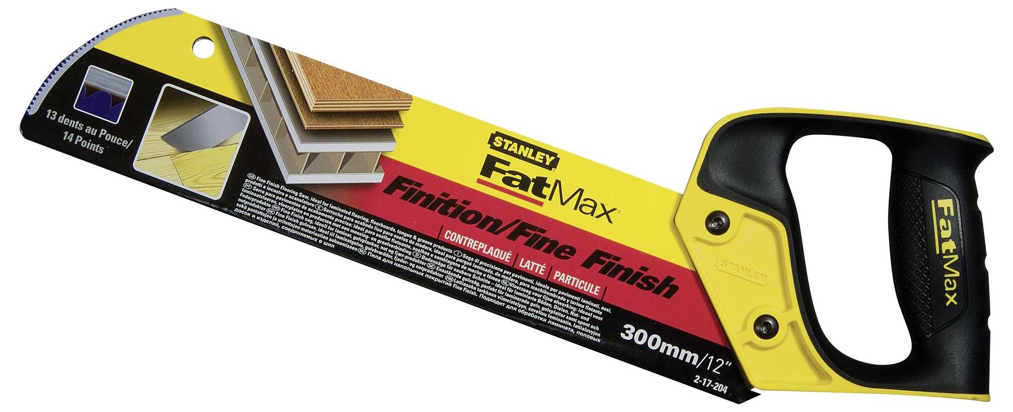 Eine Handsäge mit ergonomischem Griff, geeignet für feine Holzarbeiten. Sie ist 300 mm lang und wird für präzise Schnitte empfohlen.