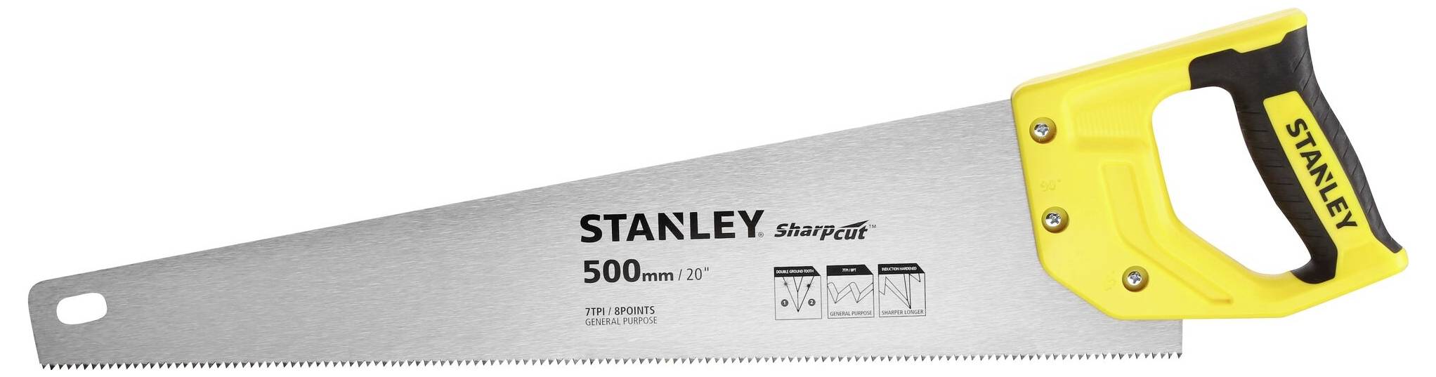 Handsäge mit gelbem Griff und silberner Klinge, 500 mm lang. Markenname 'STANLEY' und Modell 'SharpCut' auf der Klinge aufgedruckt.