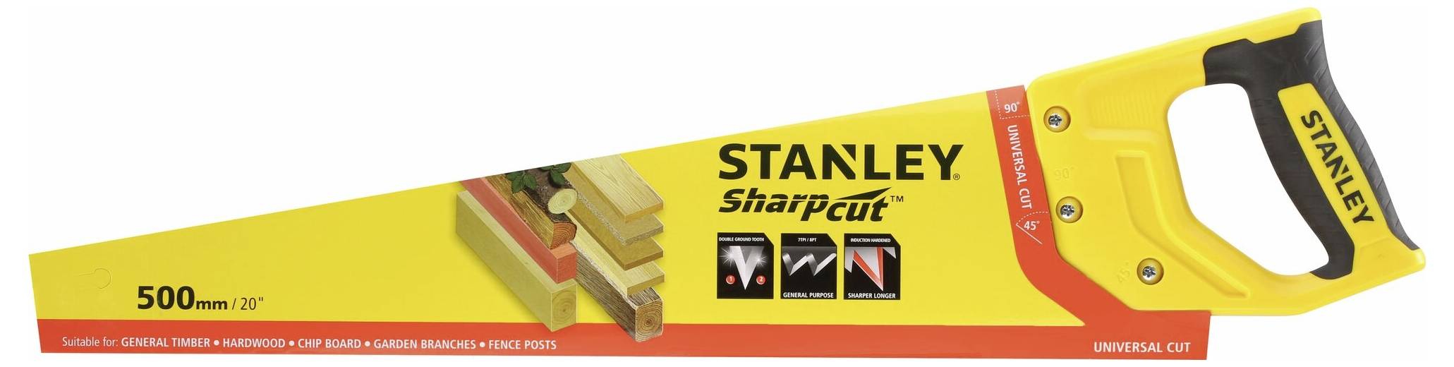 Gelbe Handsäge mit schwarzem Griff, 'Stanley Sharpcut', 500 mm Klingenlänge. Verpackungsabbildung mit Sägezahn-Details.