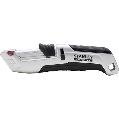 Ein silbernes und schwarzes Stanley Fatmax Universalmesser mit rotem Knopf und einziehbarer Klinge, ergonomisch geformt.