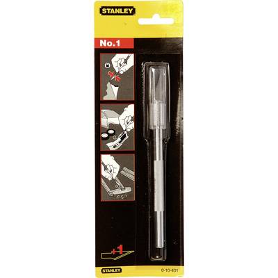 Verpackung eines Stanley-Messers No. 1. Drei bebilderte Anleitungen zeigen, wie man die Klinge wechselt. Kunststoffgriff mit Metallspitze.